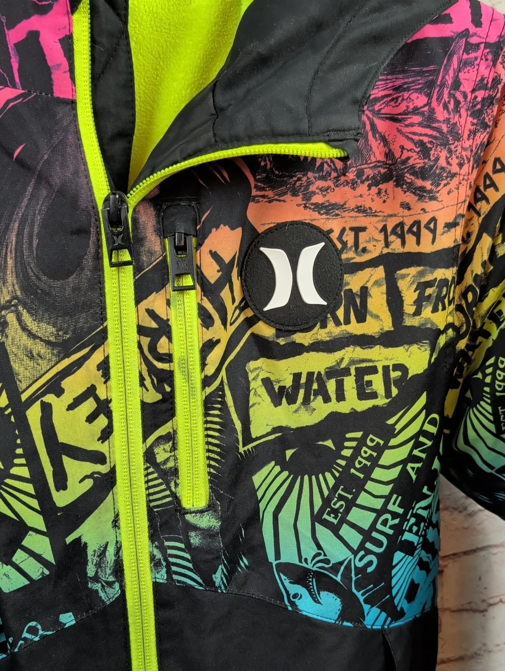 Hurley Neon Graphic Zip-Up Puffer Jacket Boy's Medium Like New